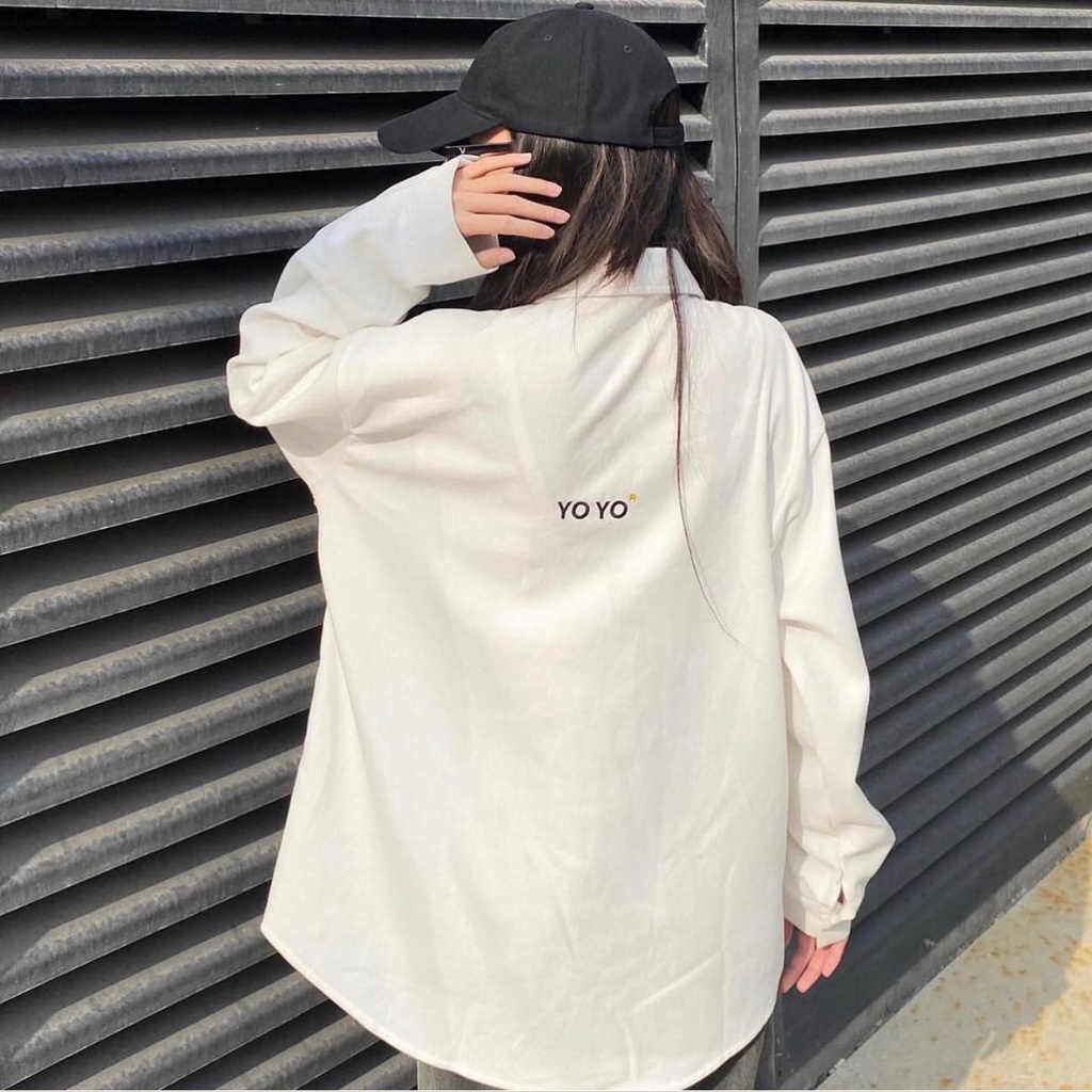 Áo sơ mi tay dài trơn trắng basic unisex vải nhung có size yoyo - Gin Store