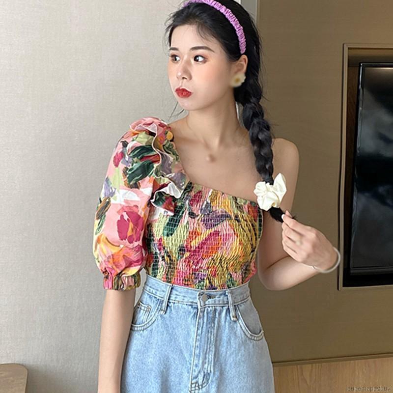 Women Floral Printed Ruffled Irregular Sexy Chiffon Blouse Tops