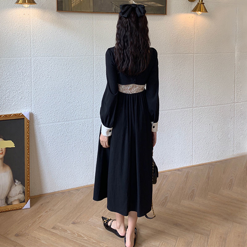 Đầm Đen Tay Dài Chiết Eo Phong Cách Thời Trang Pháp Dành Cho Nữ | BigBuy360 - bigbuy360.vn