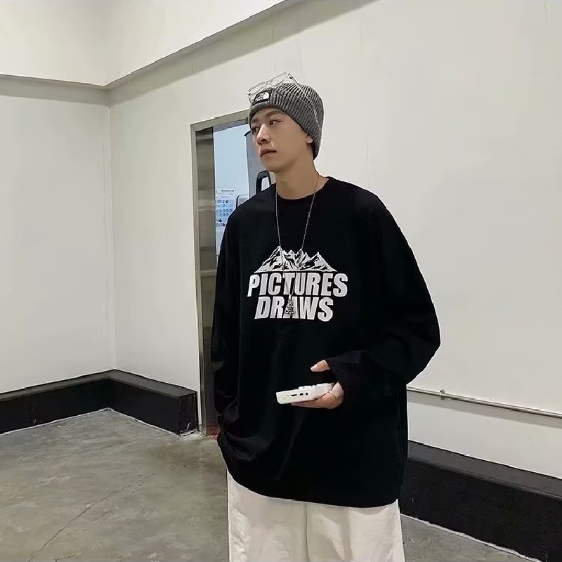 Áo Thun Tay Dài Cổ Tròn Dáng Rộng In Chữ Phong Cách Hip Hop Nhật Bản Thời Trang Cho Nam Cỡ M-5XL