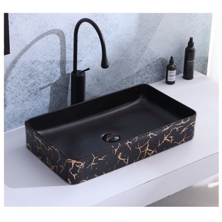 Chậu sứ lavabo hình chữ nhật để bàn, màu đen họa tiết vàng đen