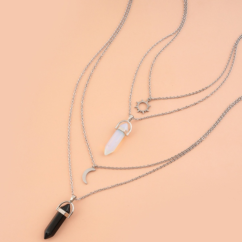Vòng Cổ Choker Nhiều Lớp Bằng Bạc Đính Đá Pha Lê Chakra Hình Lục Giác / Mặt Trời / Mặt Trăng / Cột Lục Giác