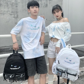 ÁO CROPTOP LỆCH VAI BANAWA - ÁO THUN LOANG XANH BANAWA IN HÌNH BƯỚM UNISEX DÀI TAY DÁNG TRỄ VAI - (sẵn)