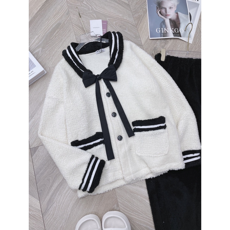 Bộ Lông Thủy Thủ Vintage Lông Cừu Cao Cấp Unisex Nam Nữ  Dáng Rộng Mặc Nhà Mùa Đông Ấm Uzzlang