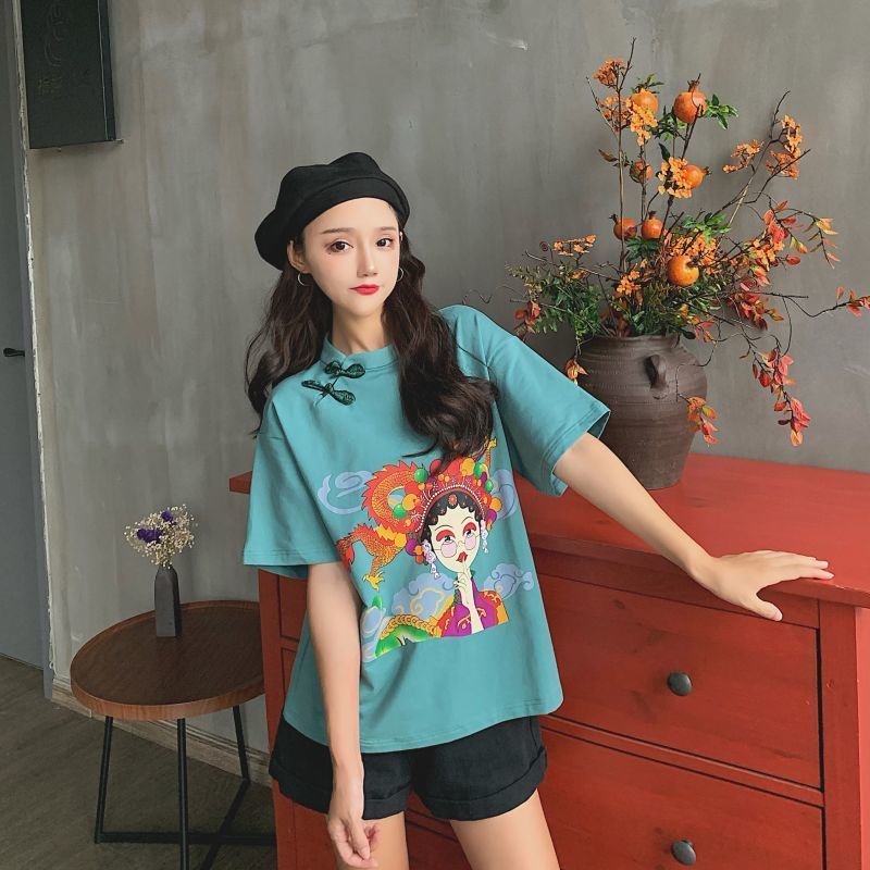 Áo Thun Tay Lỡ In Họa Tiết Kiểu Sườn Xám Trung Hoa Thời Trang Cho Nữ