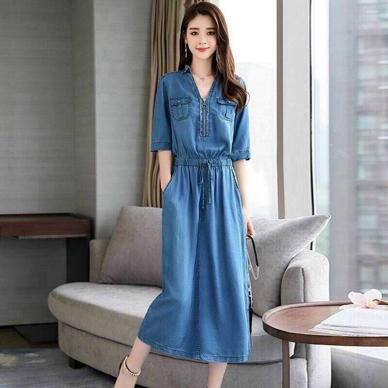 Đầm Jean Xoè Phối Dây Kéo Nữ Tính