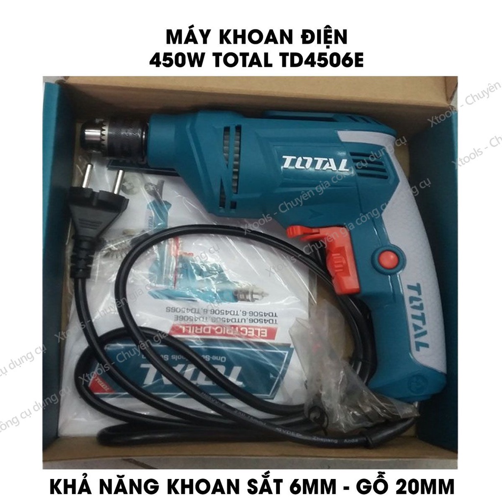 Máy khoan cầm tay TOTAL TD4506E công suất 450w, tốc độ 3200rpm, đầu khoan 6.5mm, khả năng khoan sắt 6mm, khoan gỗ 20mm,