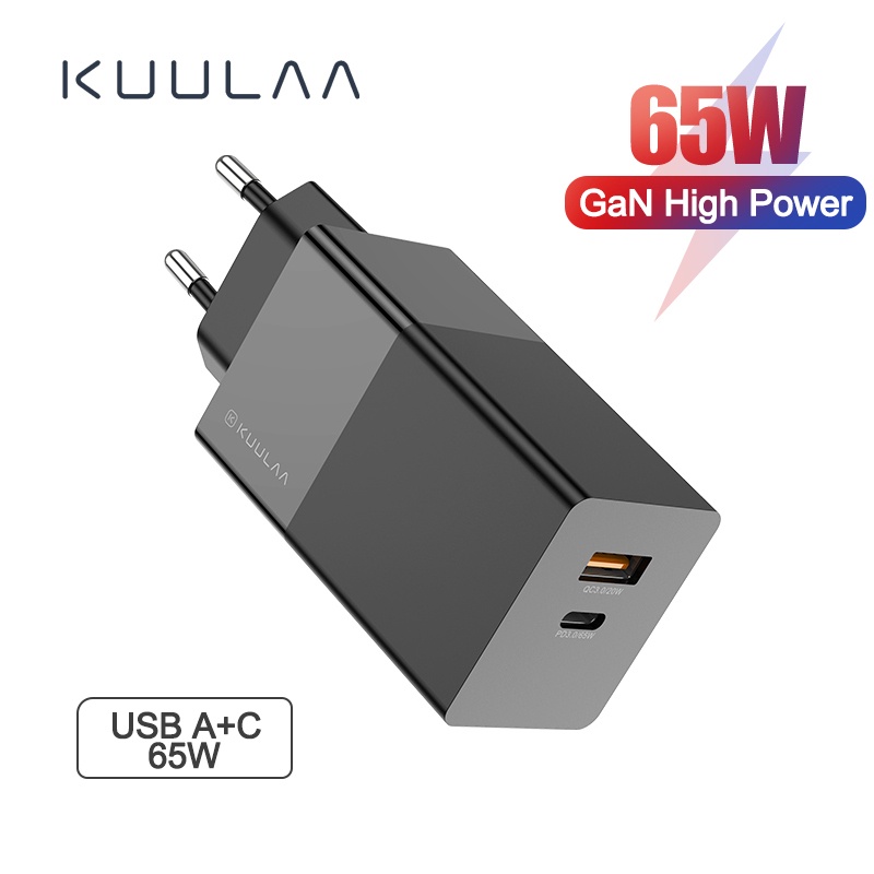 Củ Sạc Nhanh GaN 65W KUULAA, 2 cổng (1 USB + 1 Type-C), hỗ trợ mọi dòng điện thoại, laptop tương thích