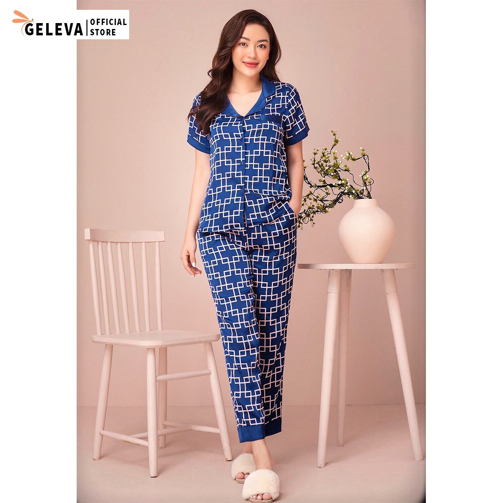 Đồ bộ pijama nữ Lụa mịn Cao cấp quần dài áo cộc tay, Đồ bộ mặc ở nhà ngủ pyjama nữ lụa đẹp dễ thương Geleva GE225