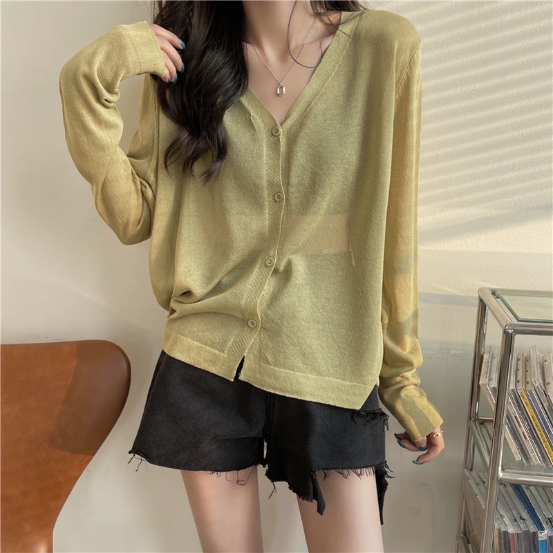 Jiashucheng Áo Cardigan Dệt Kim Tay Dài Chống Nắng Phong Cách Xuân Hè Thoáng Khí Mỏng Cho Nữ v-Ne