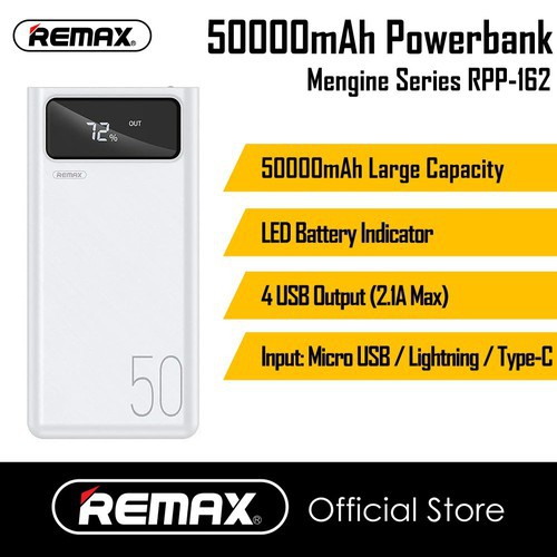 Pin sạc dự phòng Remax RPP-162 50.000mAh, Tích hợp đèn pin, Đèn led báo dung lượng pin, 3 cổng Input, 4 cổng USB
