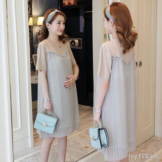 ⊕❍▤Váy bầu mùa hè kiểu tây Đầm mới cotton voan hàn quốc ngắn tay khâu