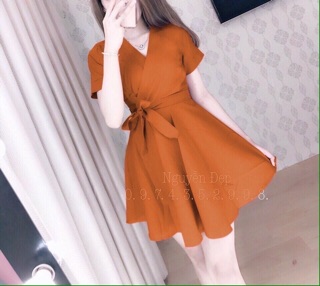 🍒Đầm xoè cổ V đắp chéo eo cột nơ