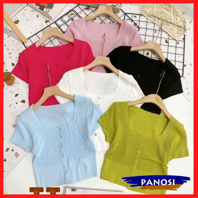 Áo len nữ ngắn tay áo thun nữ len mỏng cổ khoét sâu PANOSI - A639