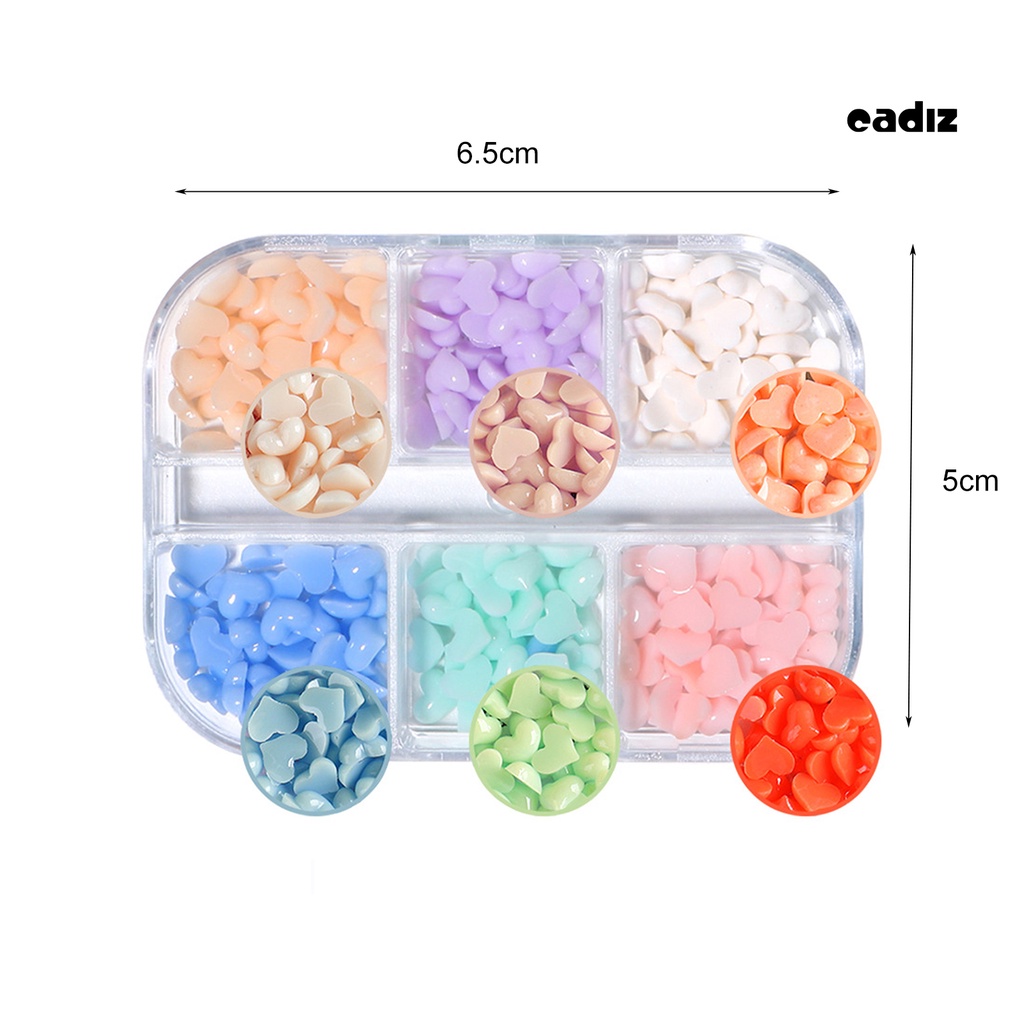 [Hàng mới về] Hộp 6 ngăn phụ kiện trang trí móng tay nghệ thuật hình trái tim hiệu ứng đổi màu hồng trắng 3D lưng phẳng