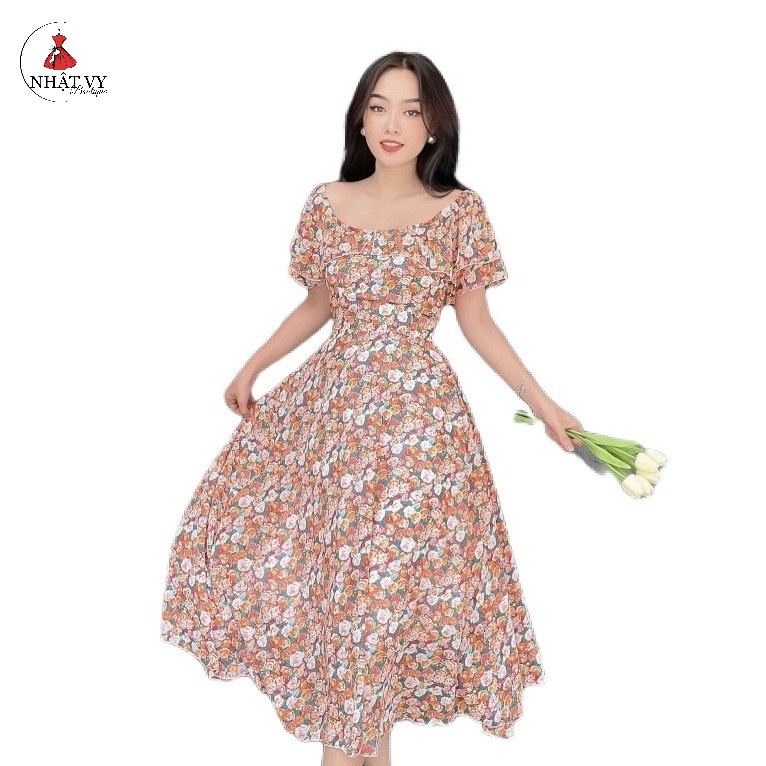 Đầm Hoa Đi Chơi NHẠT VY Dáng Xòe Bo Thun Trễ Vai Ngực Phối Bèo Kiểu Chất Voan Màu Đen, Cam, Hồng, Vàng- D2276
