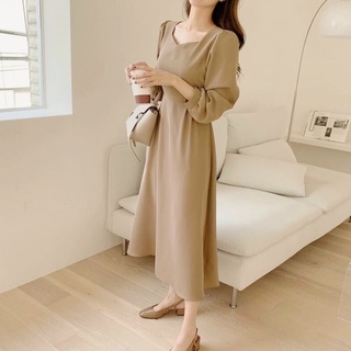 Đầm thu đông thanh lịch màu kem tay dài thắt eo (kèm hình thật)