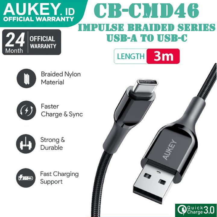 Dây Cáp Sạc Aukey Cb-Cmd46 Usb-A Sang Usb-C 3m