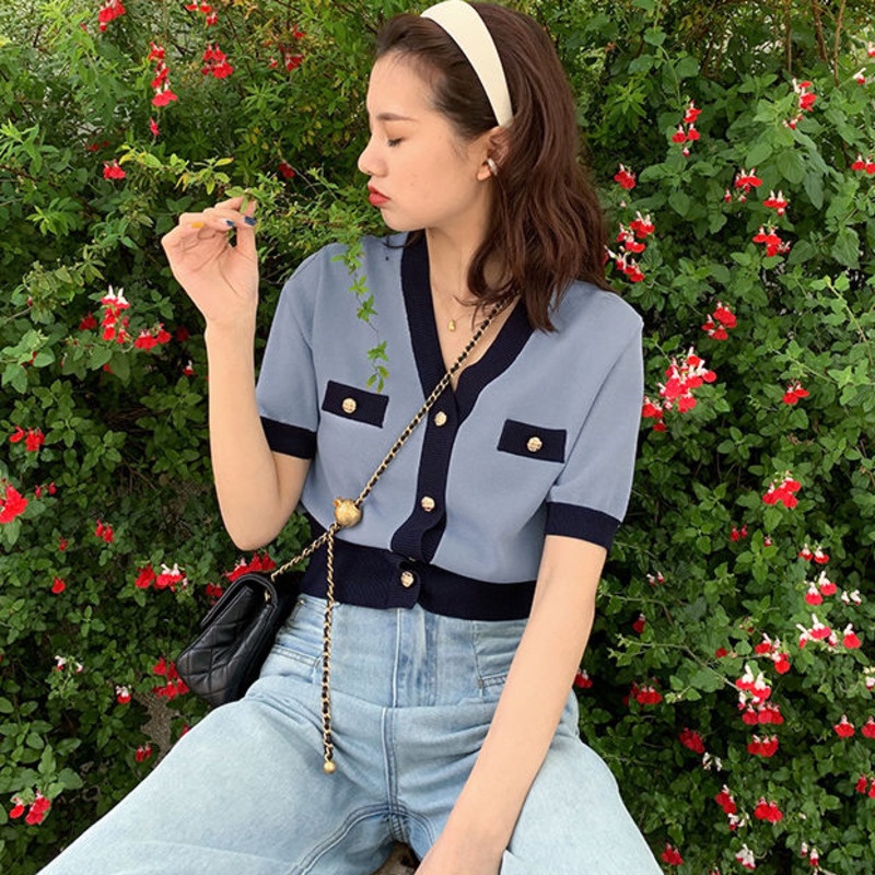 Áo Cardigan Ngắn Tay Cổ Chữ v Màu Sắc Tương Phản Thời Trang
