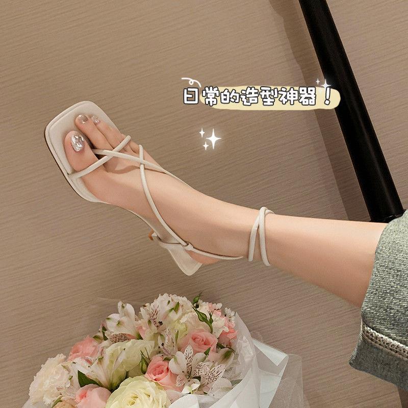 Honypove Giày Sandal Cao Gót Màu Đen Phối Dây Thời Trang Mùa Hè Cho Nữ