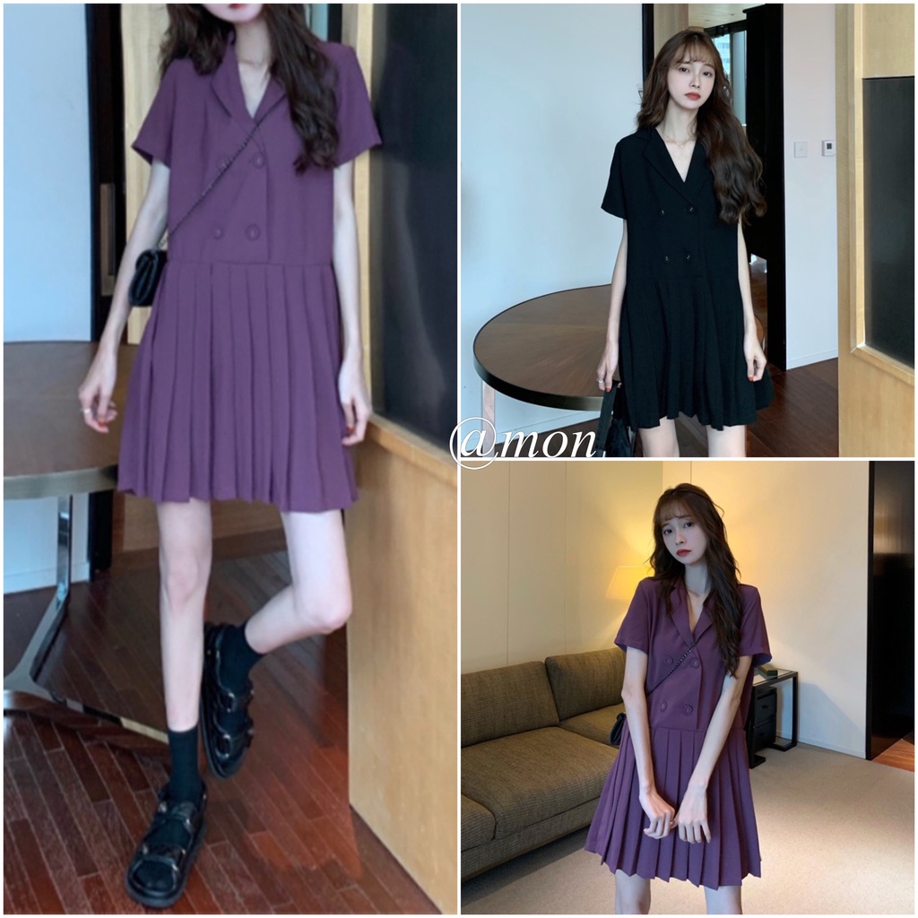 2101604 Váy polo nữ ulzzang - váy polo suông xếp ly chất mango mềm mát dày dặn 1 màu đen freesize