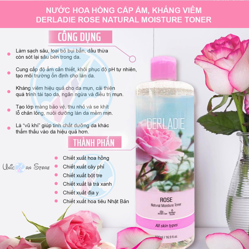 Nước Hoa Hồng Ngừa Mụn và Dưỡng Ẩm Derladie Toner 500ml