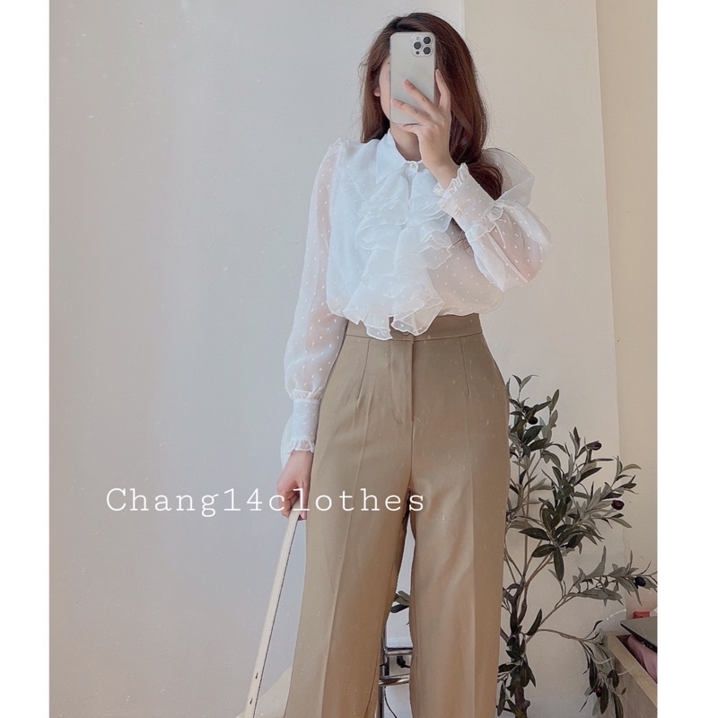 Áo sơ mi cách điệu nữ siêu xinh chấm bi trắng freesize