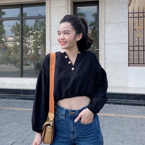 ÁO CROPTOP CỔ V RÚT DÂY EO ZAREEN VOA83 ĐEN