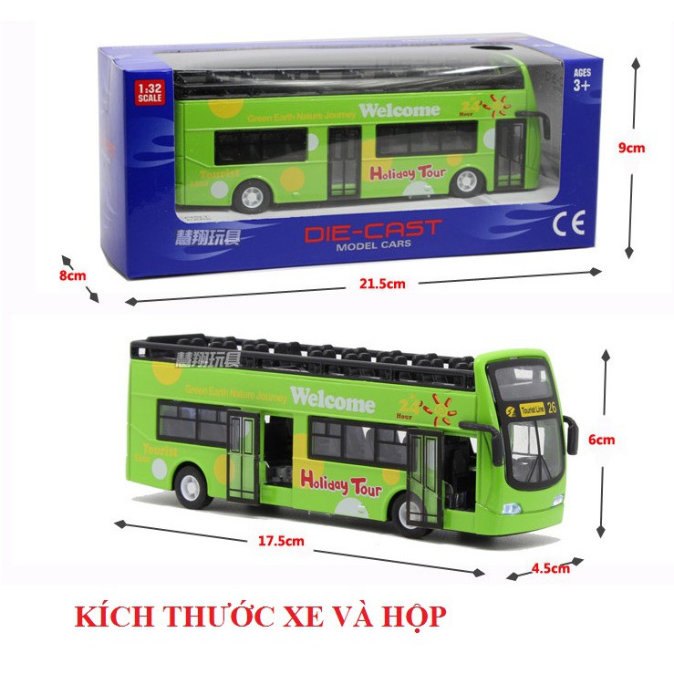 Mô hình ô tô Xe buýt hai tầng Die cast bằng kim loại - Đồ chơi trẻ em xe có âm thanh và đèn chạy bằng cót