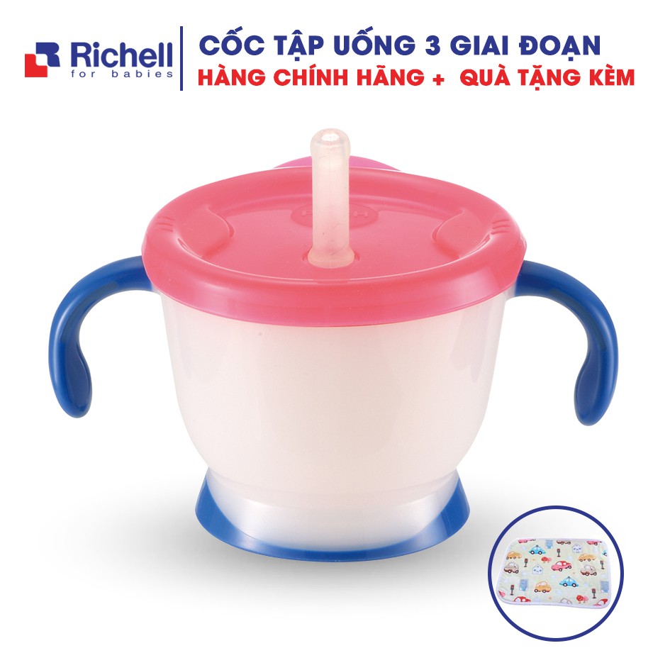 Cốc tập uống 3 giai đoạn Richell chính hãng. Cốc tập uống Richell cho bé. Tặng kèm tấm lót chống thấm Size 30x40cm