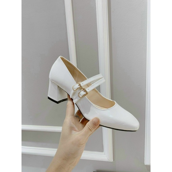 (S129) Giầy nữ da bóng 2 quai cài ngang gót cao 4 phân (Mã HD1)
