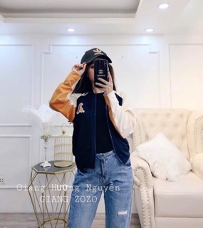 Áo khoác bomber tay phối cam in logo