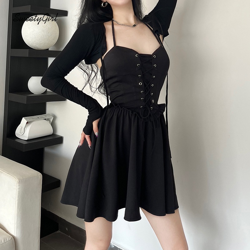 Đầm Mini Tay Dài Ôm Eo Màu Đen Trơn Thời Trang 2022 Dành Cho Nữ