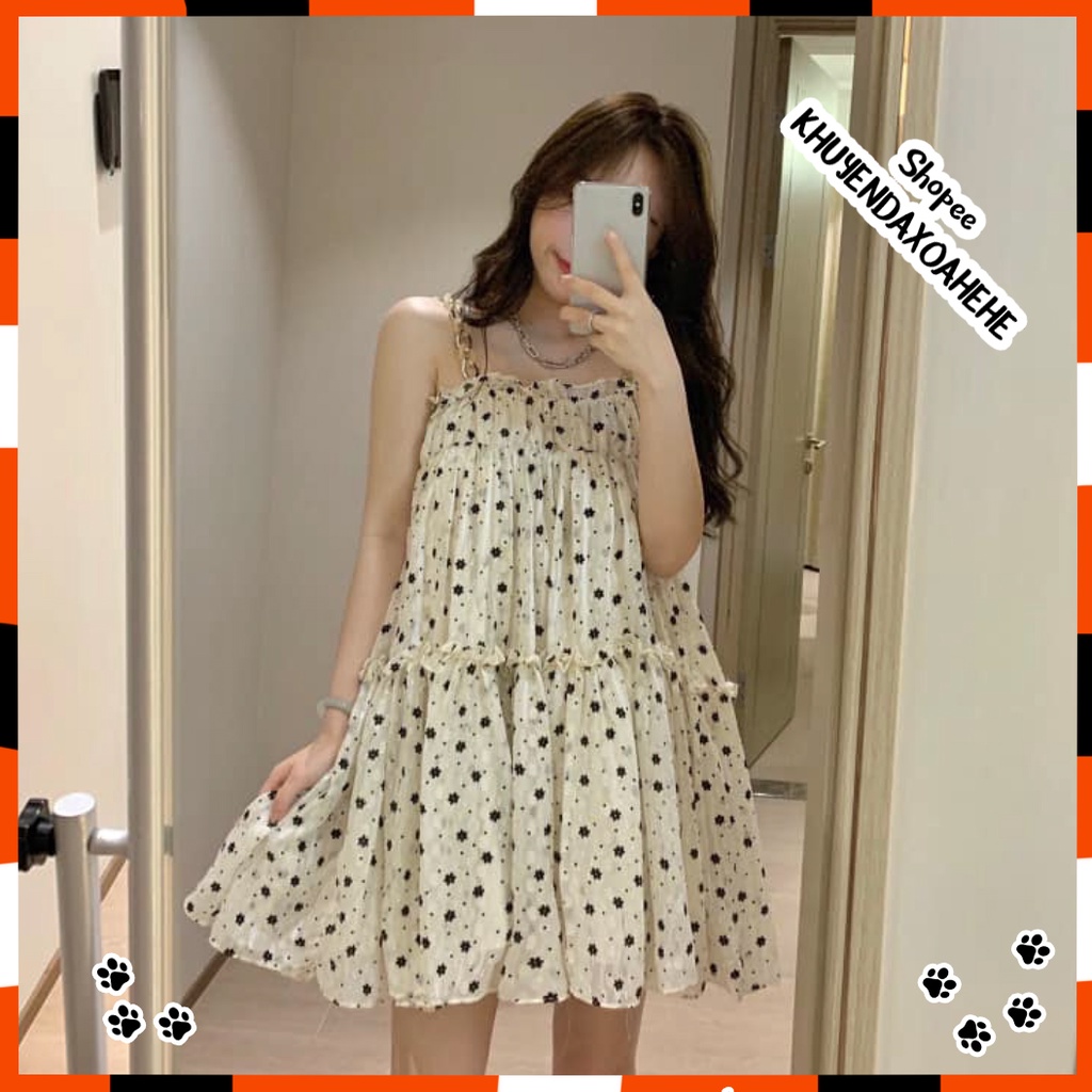 V003 Váy 2 dây Babydoll BBD trắng hoa nhí đen nhún ngực đáng yêu dáng lỡ đầm tiểu thư công chúa ulzzang nữ tính cute