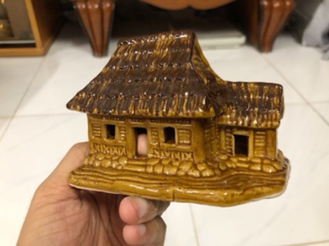 NHÀ LÁ TRÁNG MEN TRANG TRÍ HỒ CÁ NON BỘ 12x8x9cm