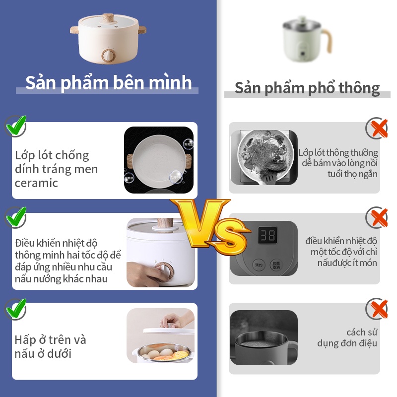 Simplus Nồi hấp điện ẩu điện đa năng nhỏ chống dính điều chỉnh nhiệt độ hai tốc độ bếp nấu lẩu 1.5L