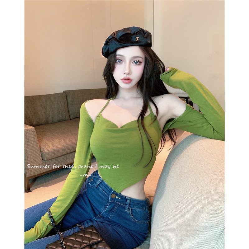 Set áo yếm mỏng và áo khoác choàng tay dài dáng ngắn phong cách Hàn Quốc thời trang dành cho nữ (Có bán lẻ)