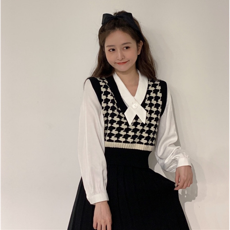 Áo vest cổ chữ v đính đá phong cách retro thanh lịch