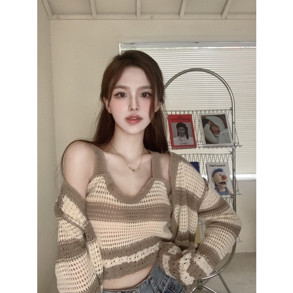 Set áo khoác len cardigan kèm áo hai dây mongtoghi siêu xinh phong cách ullzang Hàn Quốc