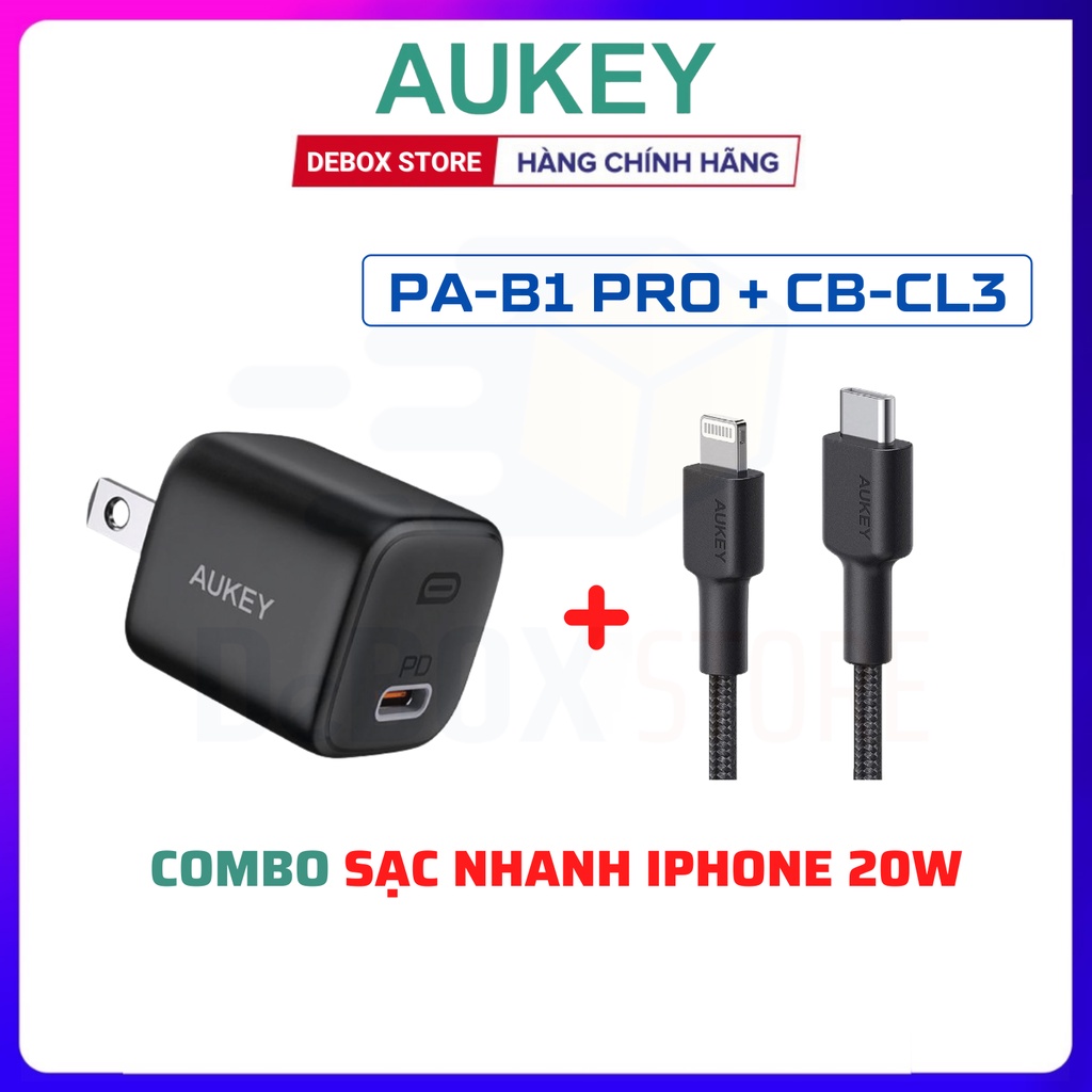 【Giao hàng nhanh】Combo AUKEY Cốc Sạc Nhanh iPhone 12 Series 20W Omnia PA-B1 Pro, Cáp C-Lightning CB-CL3 MFi, PD 22W