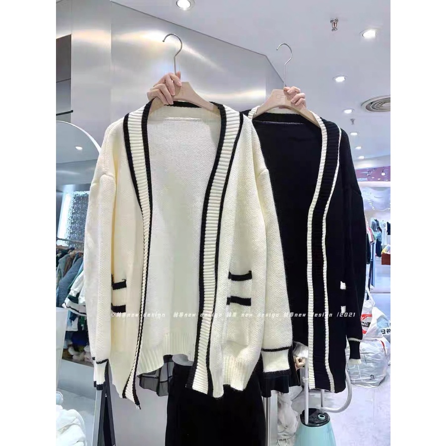 Áo khoác len cardigan trơn phối viền Forgirl dáng xuông có túi