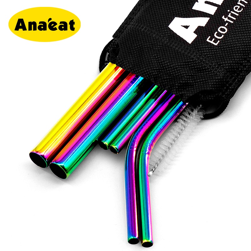 Bộ ống hút thẳng và cong ANAEAT bằng thép không gỉ 304 tái sử dụng được kèm bàn chải làm sạch cho tiệc tùng/quầy bar