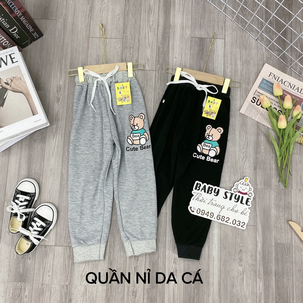 Quần jogger nỉ da cá cho bé trai bé gái &quot;CUTE BEAR&quot; 14-45kg. Kèm hình thật, chất vải dày dặn. B40 G36