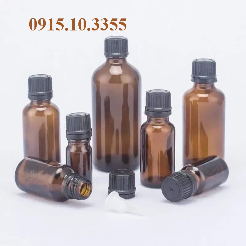 (Kho sỉ rẻ nhất ) 5 vỏ Chai thủy tinh ( chai nâu nắp đen + nhỏ giọt) : 10ml -30ml -50ml -100ml
