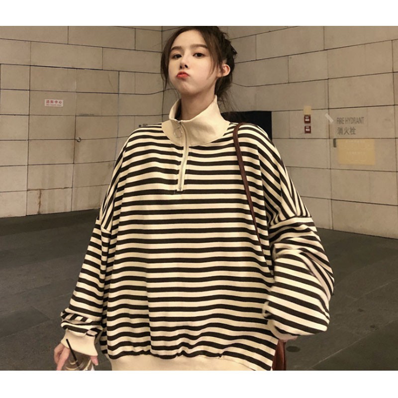 [ Mã 11FASHIONSALE1 giảm 10K đơn 50K ] Áo Sweater Vải Cotton Mỏng Dáng Rộng Kẻ Sọc Phối Khóa Kéo Cá Tính | BigBuy360 - bigbuy360.vn