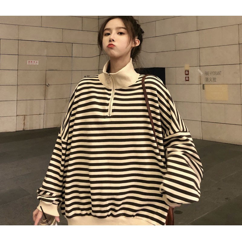 Áo Sweater Vải Cotton Mỏng Dáng Rộng Kẻ Sọc Phối Khóa Kéo Cá Tính