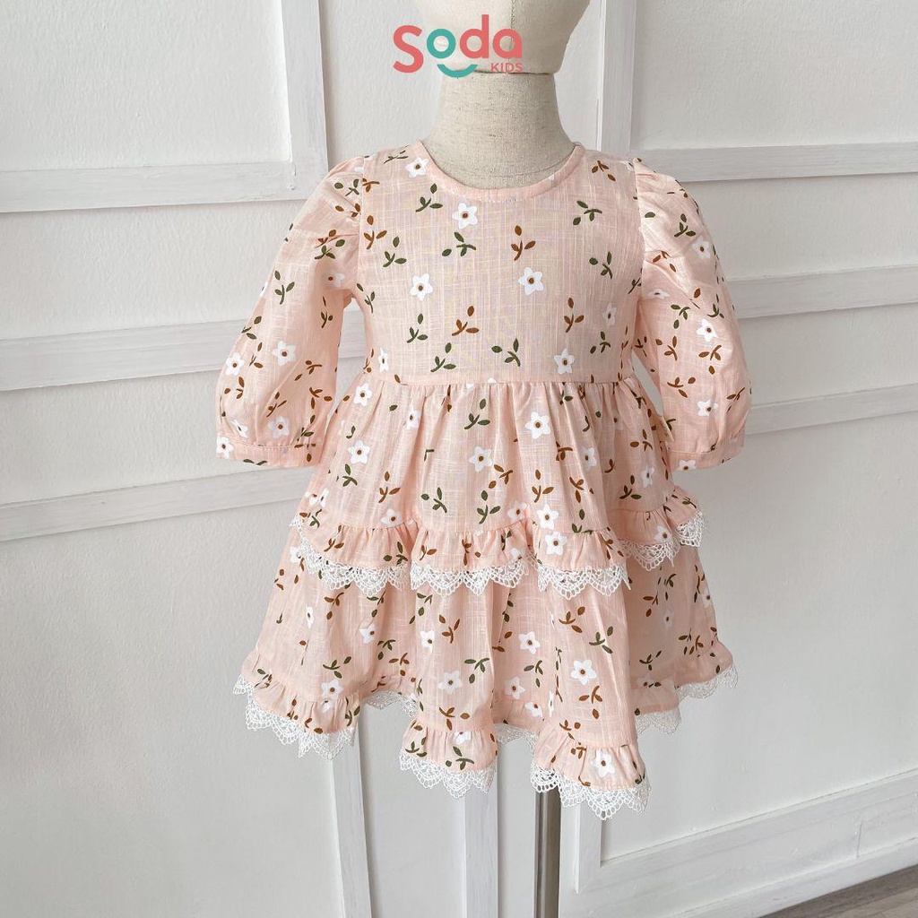 Váy bé gái ROSÉ DRESS SODA KIDS thiết kế tay bồng, phối ren, chất liệu linen Hàn, họa tiết hoa dễ thương