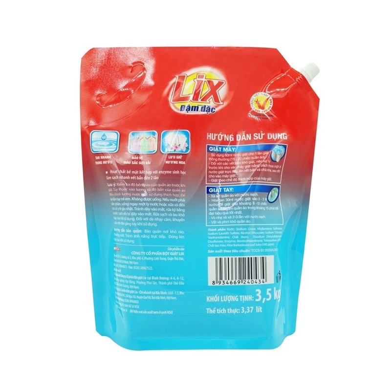 Nước giặt Lix túi 3.5kg  NGUYÊN THÙNG 4 TÚI MÀU ĐỎ