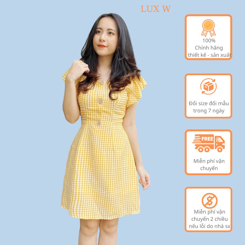 Đầm caro vàng xinh cổ vuông thiết kế đẹp bánh bèo dáng chữ a phù hợp đi làm đi chơi - Lux W