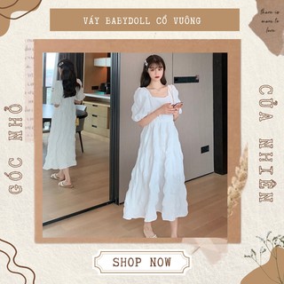 [ẢNH THẬT] Váy Cổ Vuông Tay Bồng Xốp Nhún Công Chúa